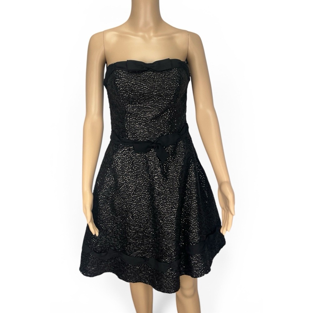 Y2K Betsey Johnson Black Satin Sequin Fit Flare Cocktail Dress Bow Vintage‎ Prom